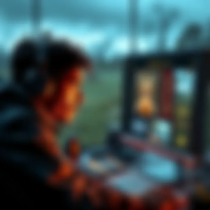 A concerned player looking at a computer screen with Upland game visuals, showing alert messages.