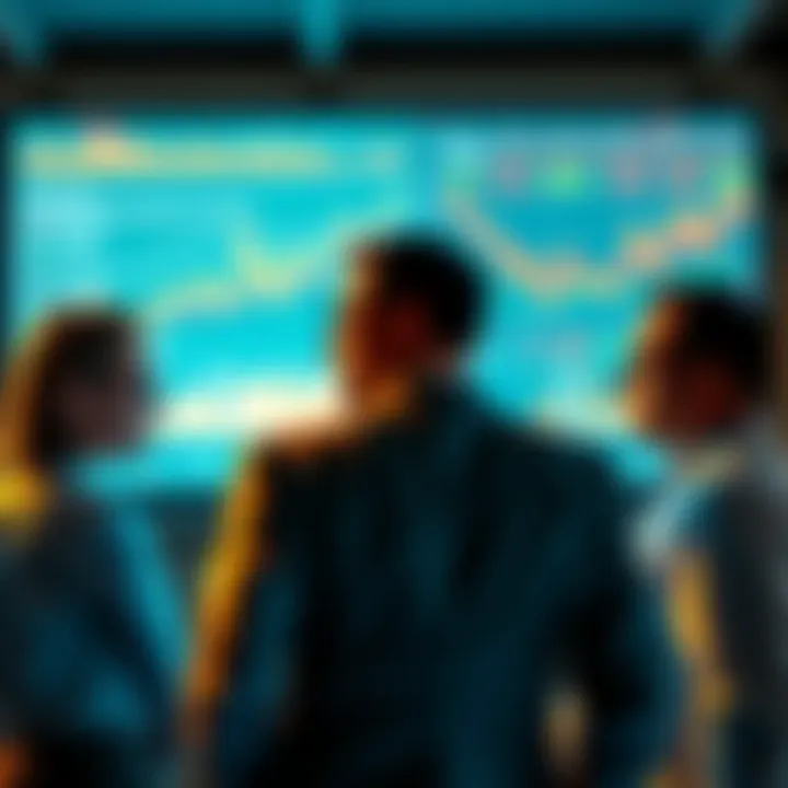 Group of financial experts discussing cryptocurrency regulations, with charts and graphs displayed on a screen