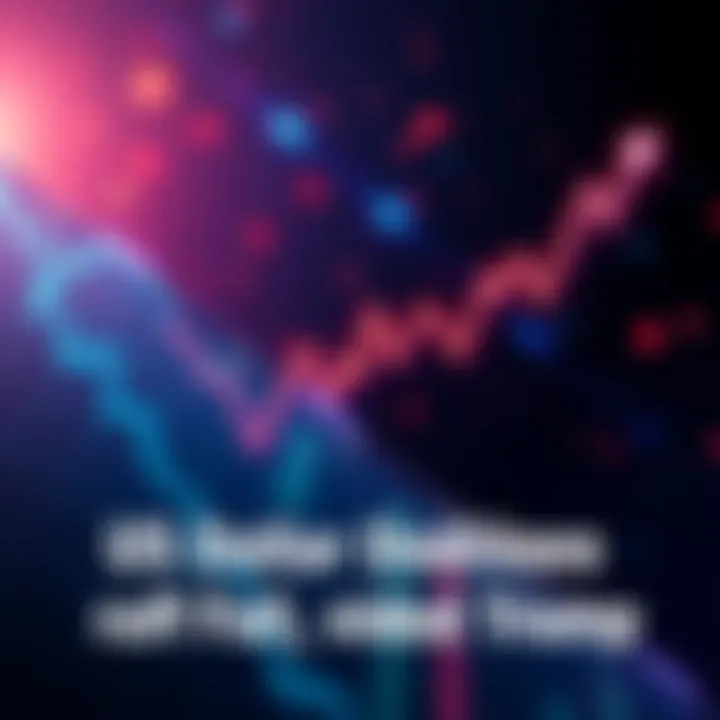 A downward graph showing the decline of the US dollar and stock market, with a rising line graph representing cryptocurrencies, symbolizing financial shifts under Trump's influence.