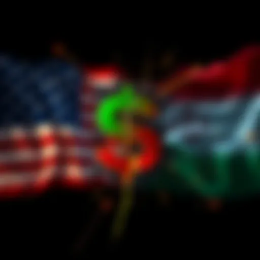 A graphic showing a digital representation of a US dollar sign clashing with a stylized Iranian cryptocurrency symbol, highlighting economic tensions.
