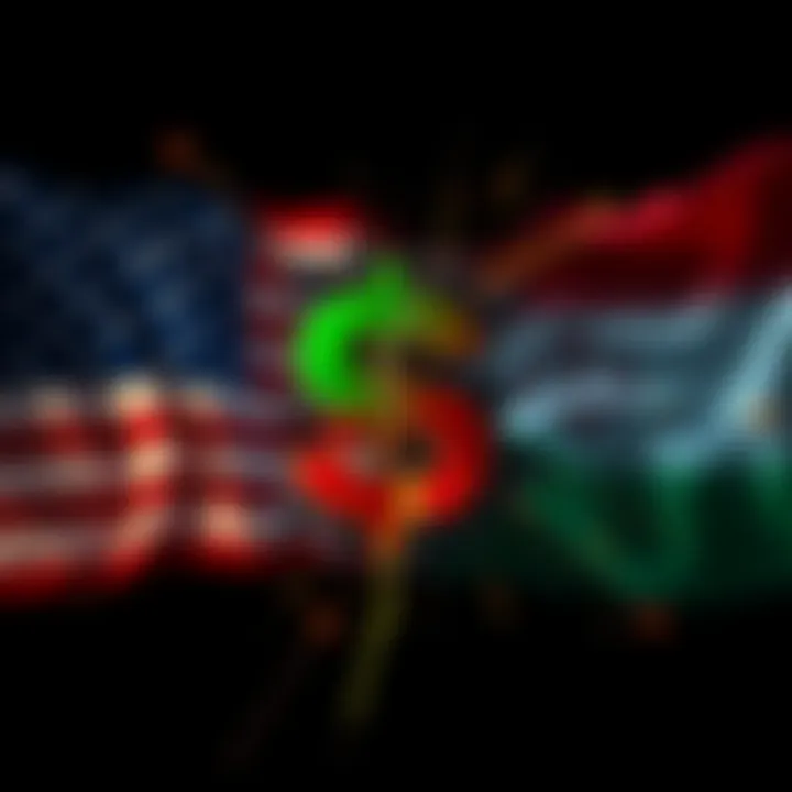 A graphic showing a digital representation of a US dollar sign clashing with a stylized Iranian cryptocurrency symbol, highlighting economic tensions.