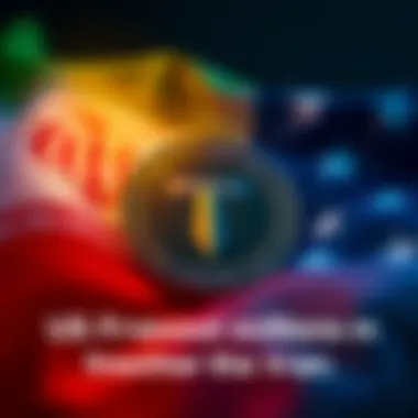 A visual representation showing Tether USDT logo and a US flag, symbolizing the freezing of funds linked to Iran.