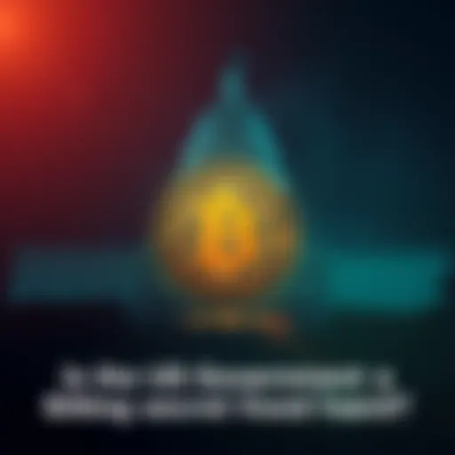 A graphic depicting a virtual Bitcoin symbol with a shadowy government building in the background, suggesting hidden cryptocurrency assets.