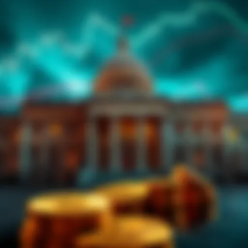 US Government Prevents Stock Market Crash A graphic showing the US government building with charts and gold coins representing stock market stability and hard assets