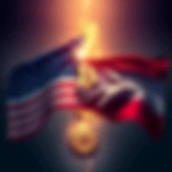 Illustration showing a U.S. flag intertwined with an Iranian flag, with Bitcoin symbols in between, representing a financial agreement