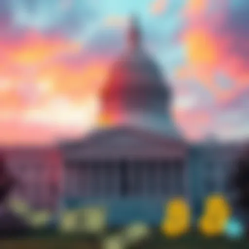 A U.S. Senate building with digital currency symbols in front, representing the ban on the digital dollar and its effect on Bitcoin.