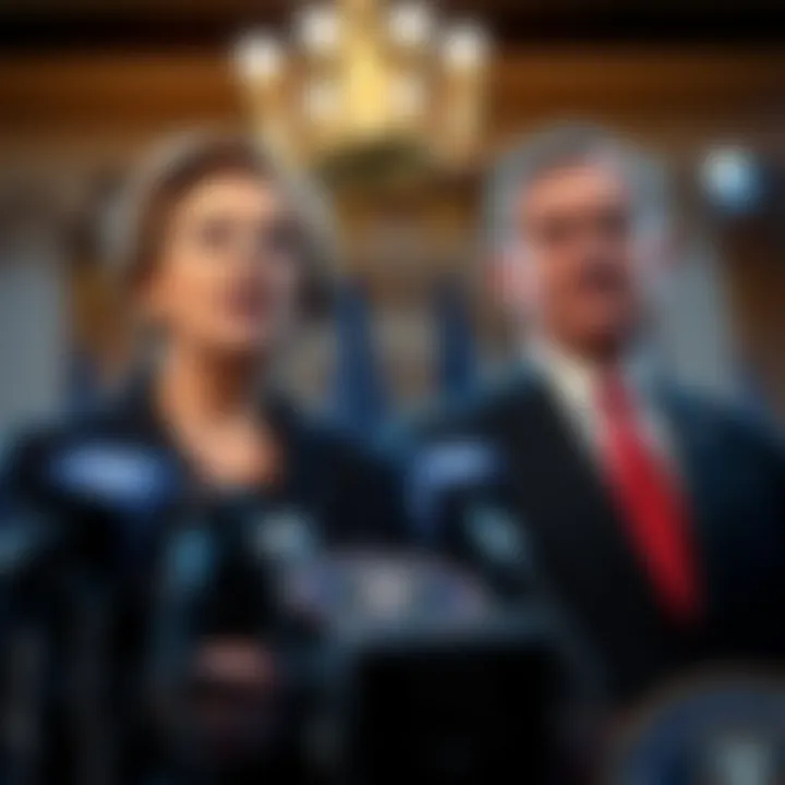 Senators Elizabeth Warren and Jack Reed speaking at a press conference about WLFI's ties to Trump and Russia