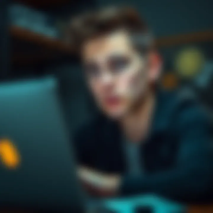 A young man looking worried, sitting in front of a laptop with cryptocurrency symbols, as news of a theft unfolds