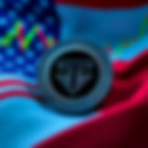 Tether cryptocurrency logo with a background showing financial graphs and the US flag, symbolizing the freeze on funds related to Iran sanctions.