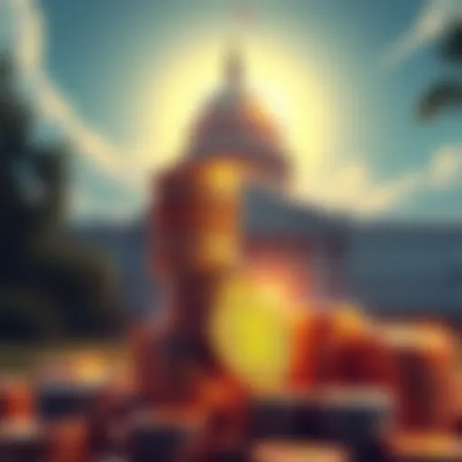 An illustration showing a stack of Bitcoin coins alongside a government building, symbolizing the US government's cryptocurrency investments.