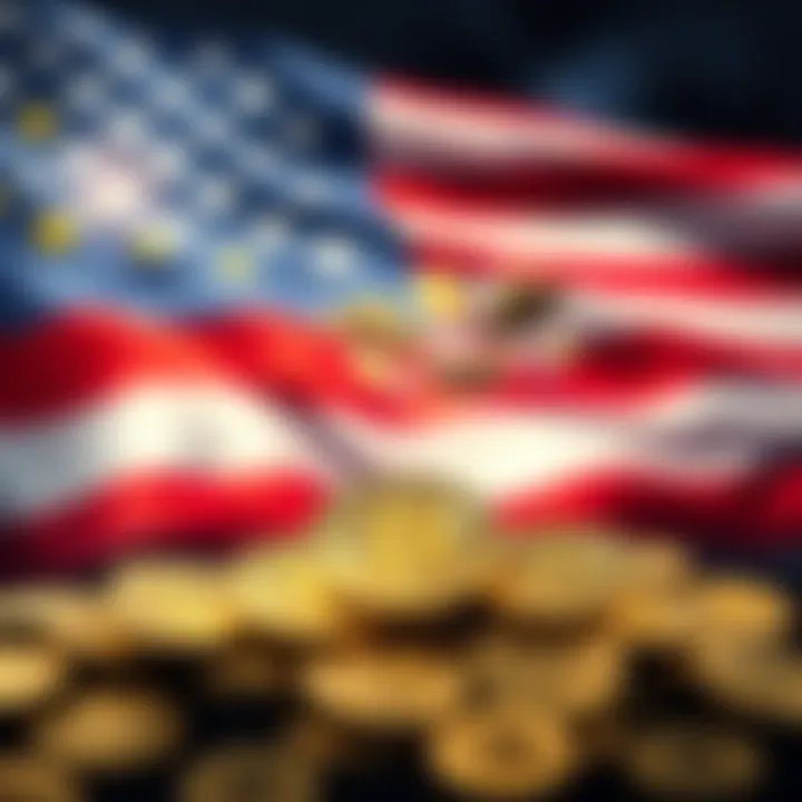 A graphic showing the US flag with cryptocurrency coins in the foreground, symbolizing the government's seizure of crypto assets.