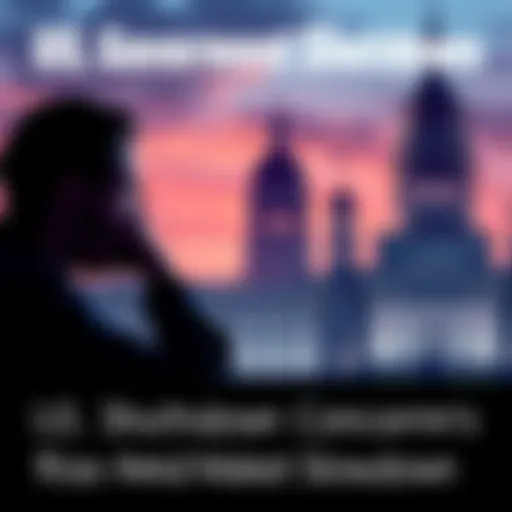 A worried person studying financial data on a laptop with government building silhouettes in the background.