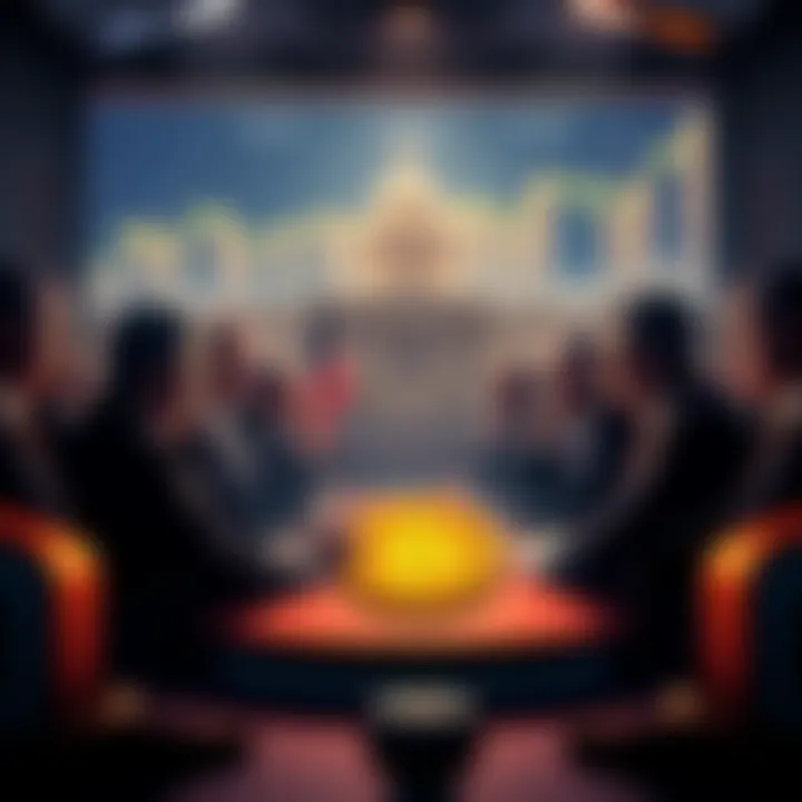 A group of US lawmakers discussing a new bill to create a Bitcoin reserve, with charts and graphs showing Bitcoin growth in the background.