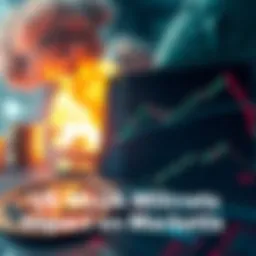 A graphic showing a conflict-related scene with stock market charts and the XRP logo, symbolizing the tension between military action and financial markets.