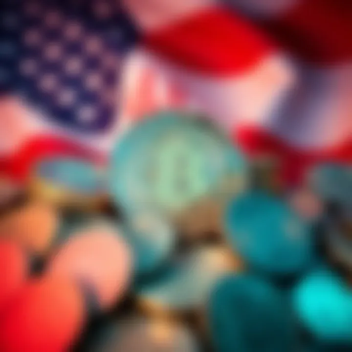 A graphic showing a large amount of cryptocurrency coins with the US flag in the background, symbolizing the seizure of Iranian crypto assets.