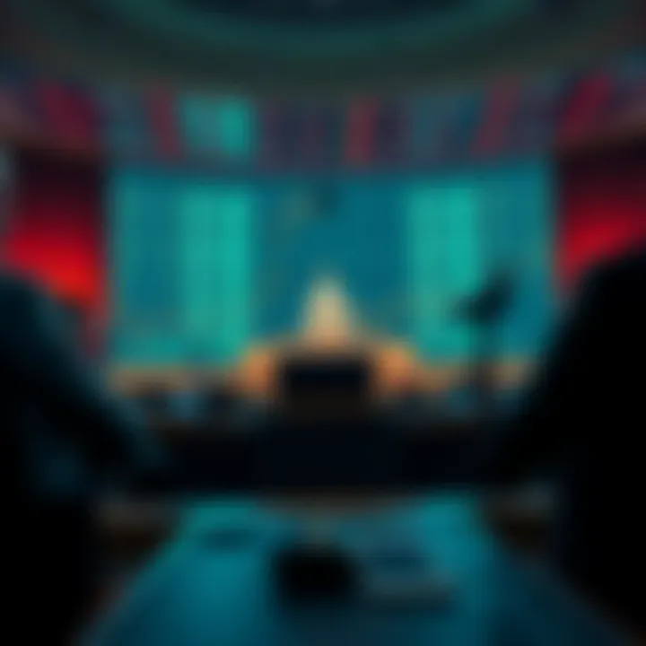 US Senate members voting on a stablecoin bill, with financial graphs displayed in the background