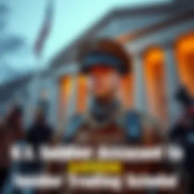 A U.S. soldier in uniform standing outside a courthouse, with media reporters in the background capturing the moment as the soldier faces insider trading charges.