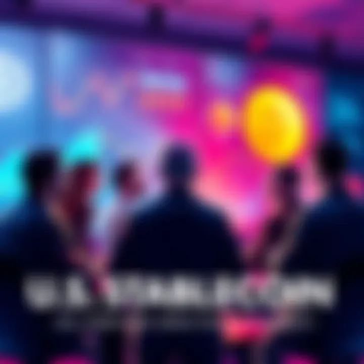 A group of people discussing stablecoin legislation with charts and graphs in the background