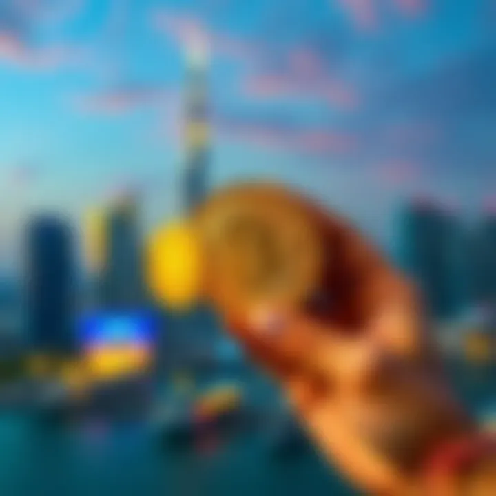 Person holding USDT coins with a UAE skyline background