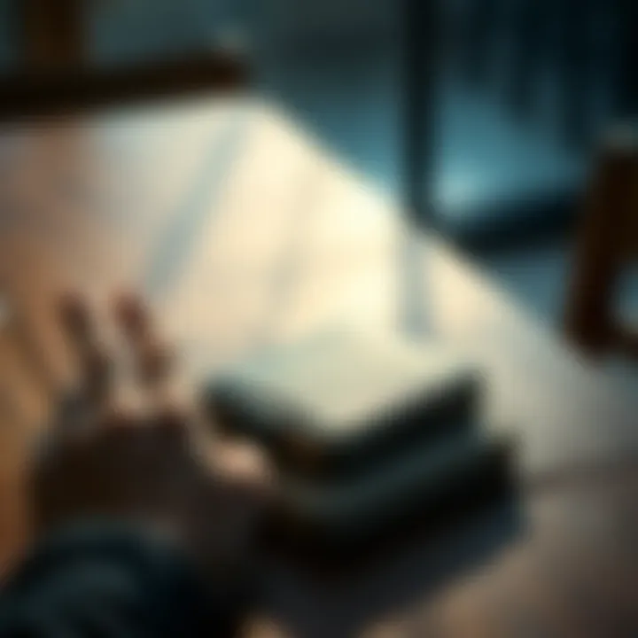 A second-hand ledger wallet placed on a wooden table, with a hand inspecting it, highlighting the focus on safety and security in purchasing used devices.