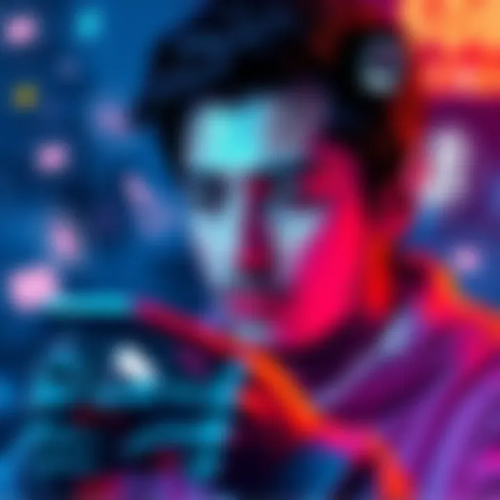 Person looking at a smartphone with a thoughtful expression, contemplating investing in a new app, surrounded by digital icons representing items and earnings.