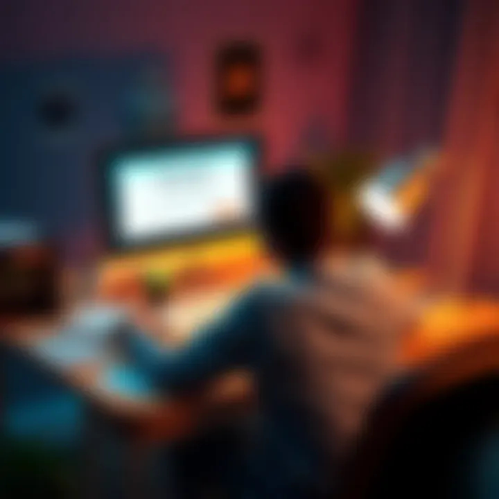 A frustrated person sitting at a desk with a computer showing a notification about account termination on the screen, papers and a calculator scattered, symbolizing financial distress.