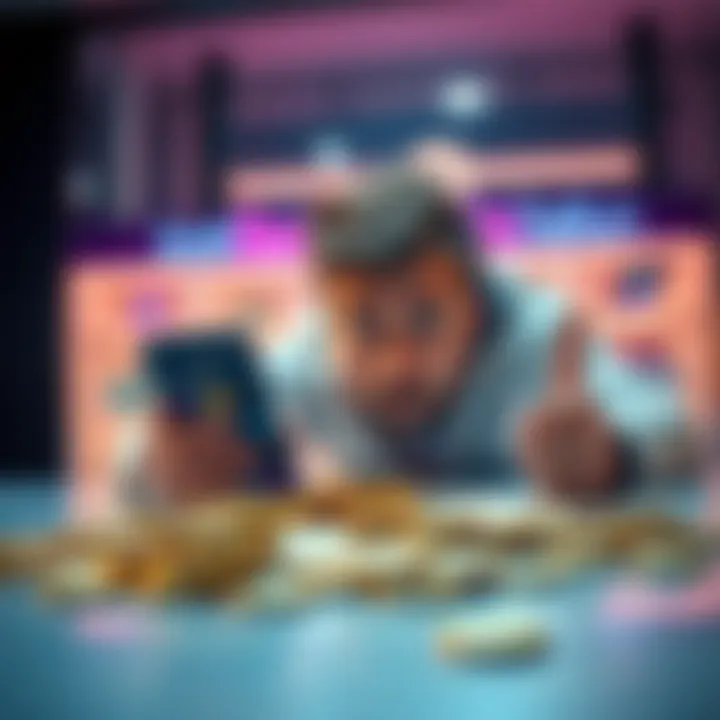 A person looking confused while staring at a smartphone displaying a Helium wallet app, surrounded by scattered tokens on a table.