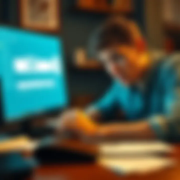 User Concerned About Wallet Balance A worried individual looking at a screen showing a zero balance, with expressions of confusion and distress. Papers and a wallet are visible on the desk, indicating past financial activity.