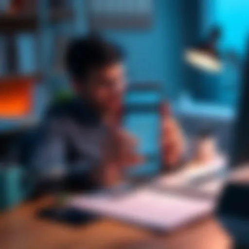 User Closing Account A person sitting at a desk, looking frustrated while holding a smartphone showing an app with multiple options, indicating dissatisfaction with the app's changes.