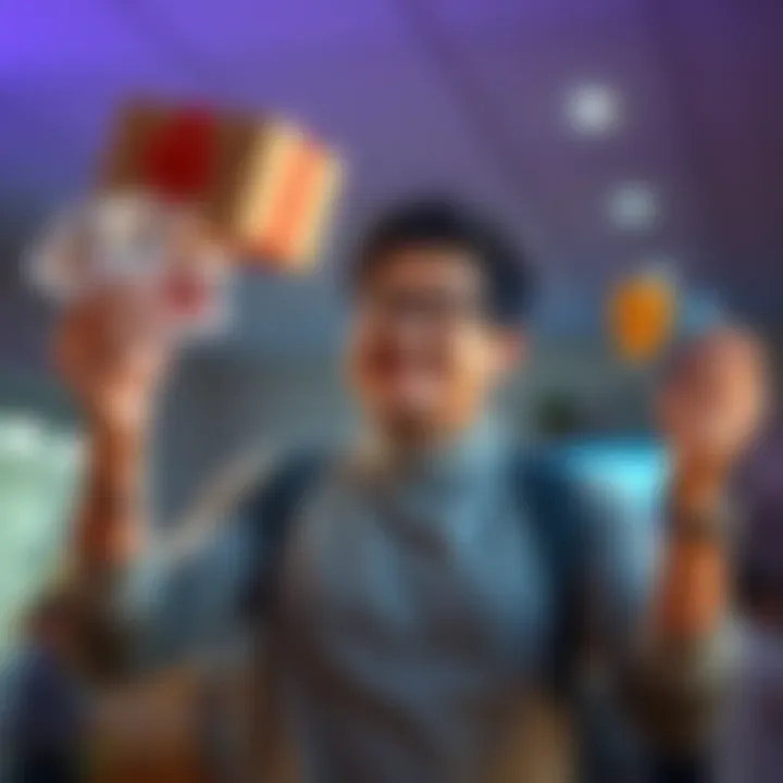 A person excitedly holds up 21 parcels and 5 badges, representing progress in a collection initiative, with a thoughtful expression about strategies to improve engagement.