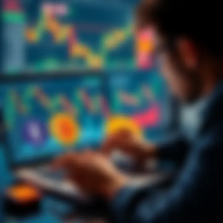 A person analyzing cryptocurrency charts on a laptop with Bitcoin and Ethereum logos visible