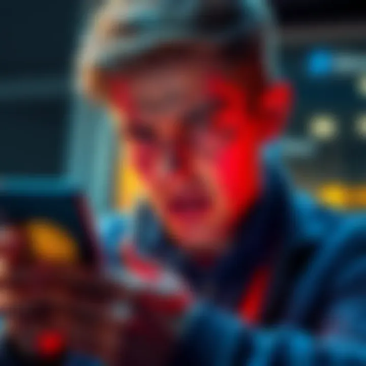 A person looks upset while checking their Coinbase account on a smartphone, with a visible Bitcoin logo on the screen