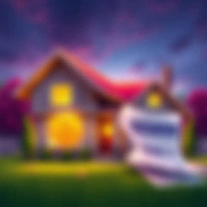 Illustration of a house with Buttcoin symbol and mortgage paperwork