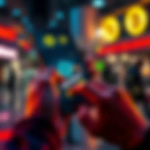 A person making a payment using a mobile phone app with the Nano logo, surrounded by icons representing various businesses and services.