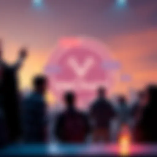 Community members discussing VeChain updates with chat bubbles and a glowing logo in the background