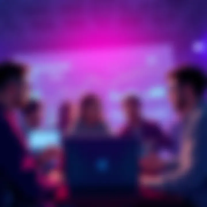 A group of people discussing Vechain updates with charts and laptops.