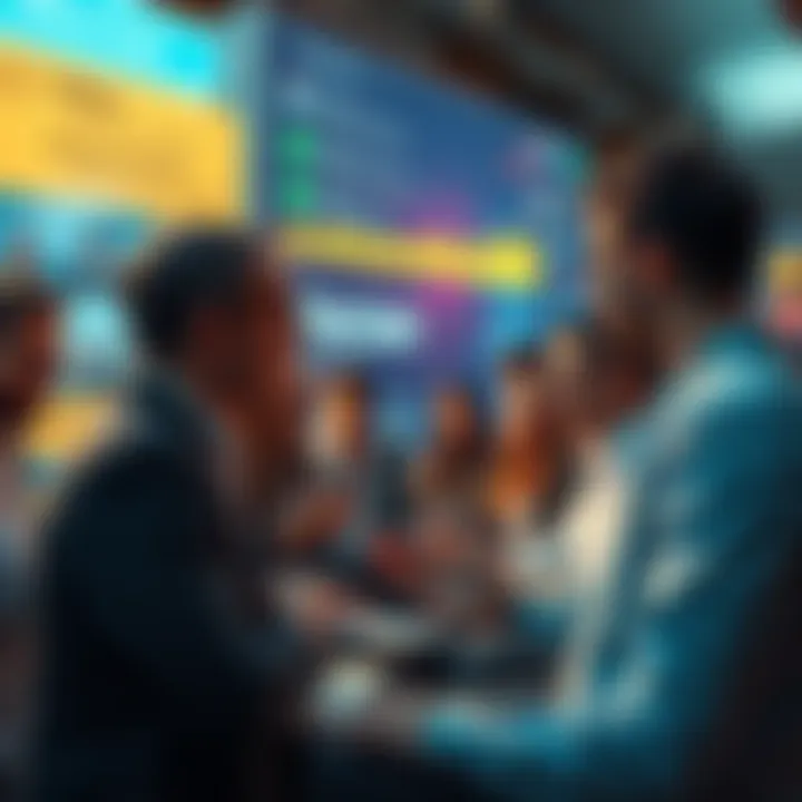 A group of people engaging in a lively discussion about Vechain in a digital forum setting, with messages and icons representing blockchain technology in the background.