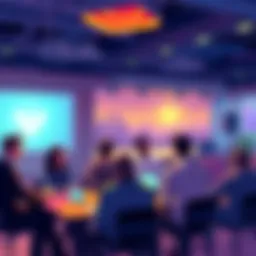 A group of people discussing blockchain technology and Vechain updates in a casual setting.