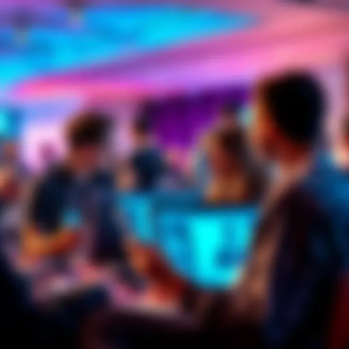 A group of people engaging in discussion about Vechain developments at a community event, with laptops and phones displaying Vechain news, fostering collaboration and knowledge sharing.