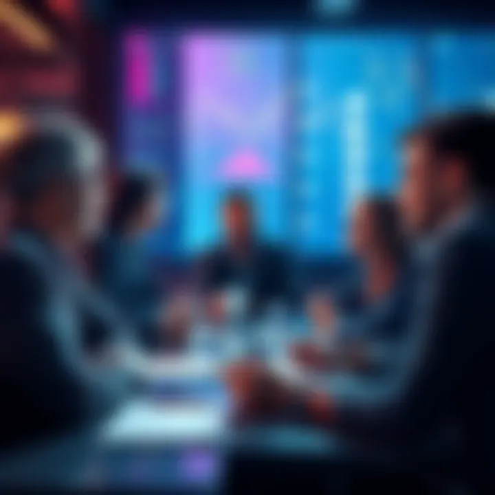 A group of people engaging in a discussion about Vechain, sharing ideas and asking questions, with digital resources visible in the background.