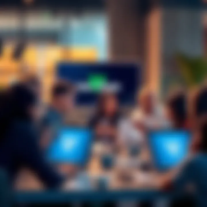 A diverse group of people engaging in a virtual discussion about Vechain, showcasing laptops and digital devices with Vechain logos on screen.