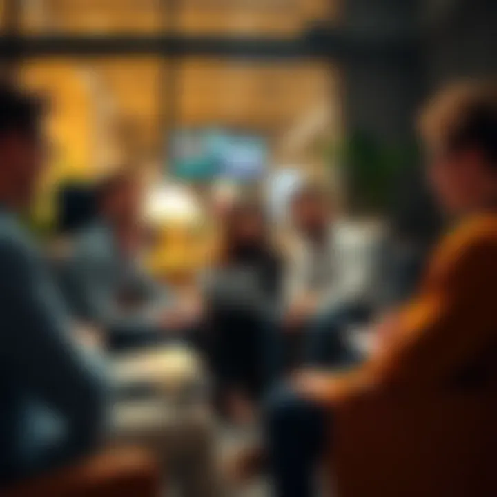 A diverse group of people engaged in a discussion about VechainThor, with laptops and notes in a cozy setting.