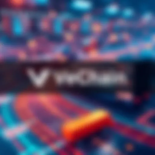 VeChain logo with a digital supply chain background showing connections and products optimizing logistics