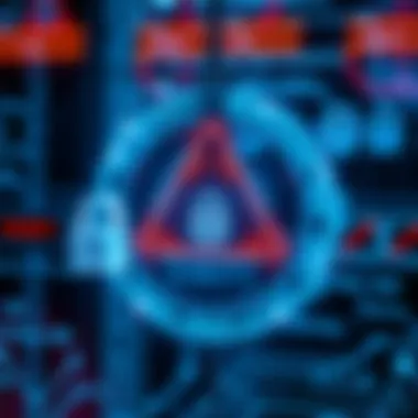 A graphic showing a warning sign alongside digital locks and a coding interface, representing a security breach in a tech environment related to Solana DeFi projects.