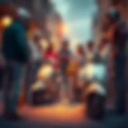 A concerned community discussing the well-being of a Vespa seller after a recent scooter sale, with a Vespa scooter parked nearby.