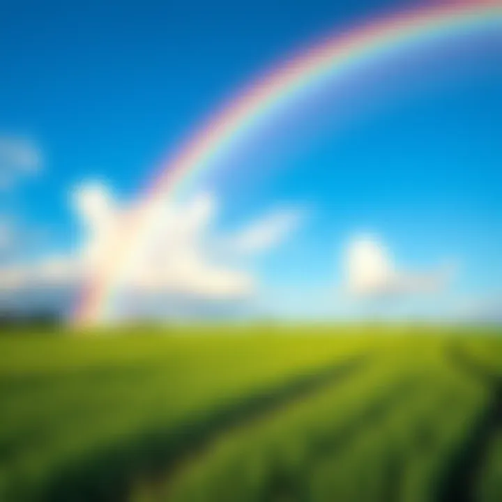 A bright rainbow arches over a lush green field, showcasing its vivid colors against a clear blue sky