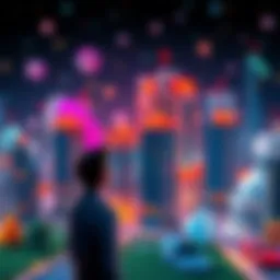 Virtual land in gaming concept A digital representation of virtual land with gaming elements like buildings and avatars, showing a person pondering investment decisions