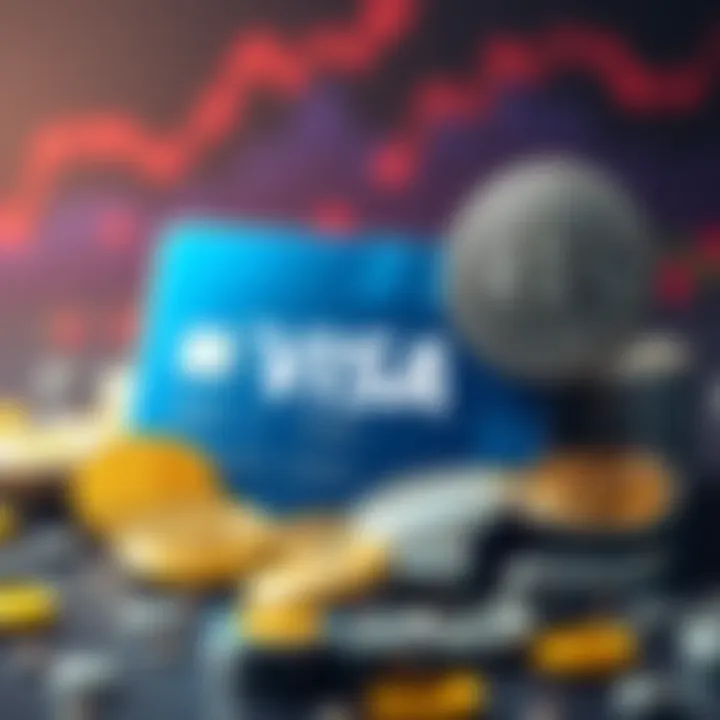An illustration of a Visa card alongside various cryptocurrency coins, symbolizing the collaboration between traditional finance and digital currency.