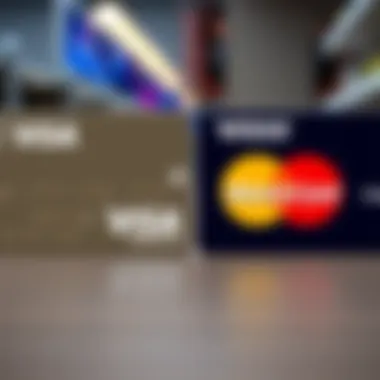 Visa and Mastercard Comparison A side-by-side comparison of a Visa card and a Mastercard with sign-up icons to illustrate the differences in obtaining each type.