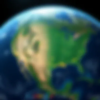 A conceptual design showing Google Earth interface with highlighted land parcels across a map of the United States.